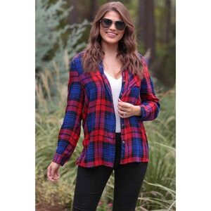 NWT Jess Lea Womens 2X Red Blue Plaid Button Up Tunic Top Roll‎ Tab Sleeve Shirt